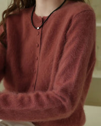 Merino Wool Solid O-Neck Brushed Slim Knit Cardigan