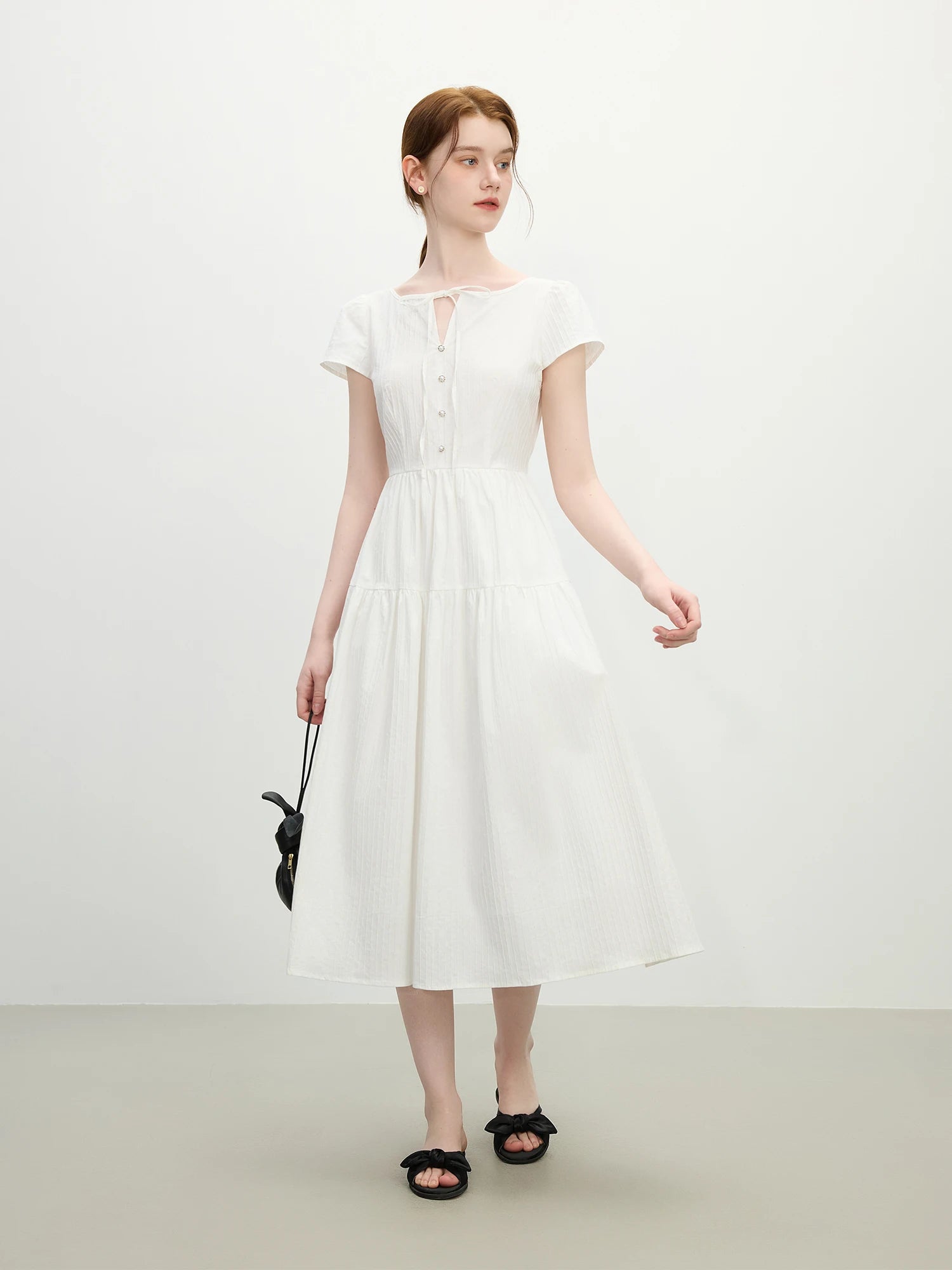 High Waist Round Neck Tie-Waist Cap Sleeve Dress