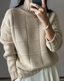 100% pure cashmere plaid turtleneck loose thick knit pullover. Warm, slight stretch, and relaxed fit — an elegant British style autumn winter knitwear top for women.