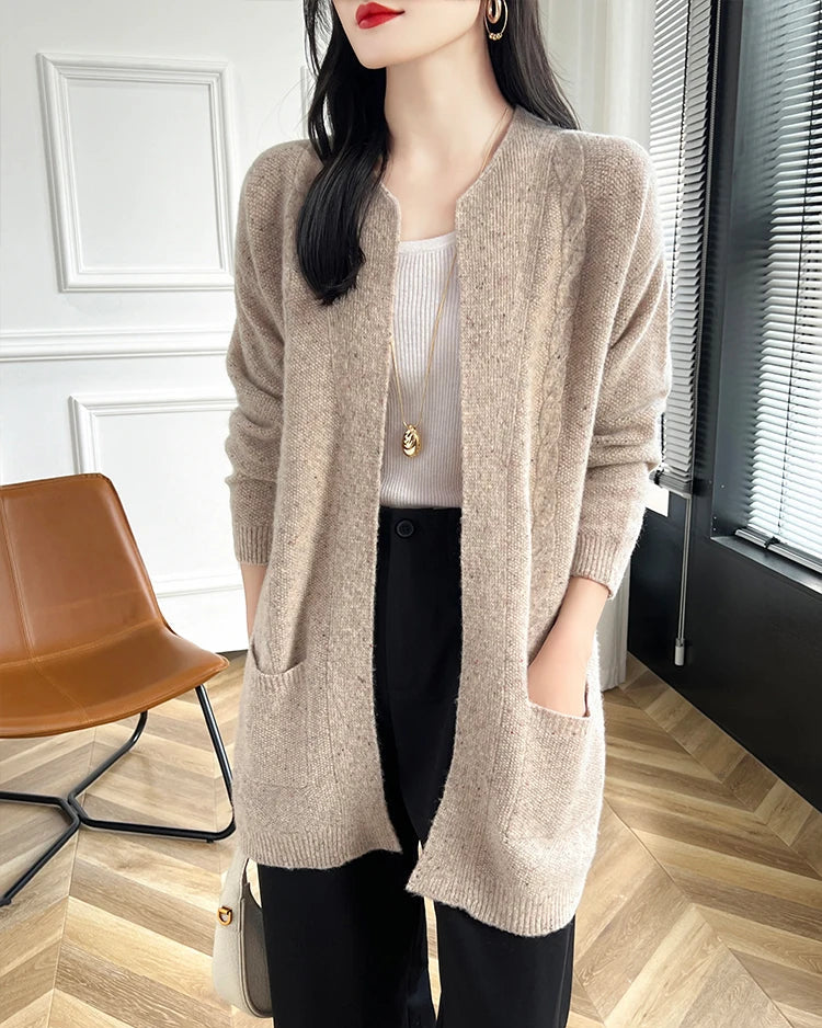 Merino Wool Dot Long Open-Front Cardigan