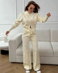Zip-Up Cropped Knit Cardigan & Drawstring Wide-Leg Trousers Set