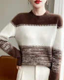 Merino Wool Round Neck Contrast Stripe Pullover Sweater