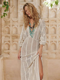 See-through V Neck Lantern Sleeve Side Split Beach Maxi Dresses