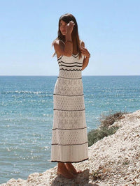 Striped Knit Cut Out Long Halter Beach Dress Swimsuit Cover Up