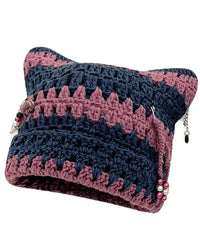 Striped Crochet Cat-Ear Beanie