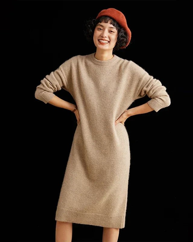 Round-Neck 100% Cashmere Knitted Dress