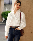 Ruffled Embroidered Hollow-Out Long-Sleeved Shirt
