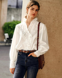 Ruffled Embroidered Hollow-Out Long-Sleeved Shirt