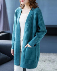 Solid V-Neck Open-Front Pocket Loose Knit Cardigan