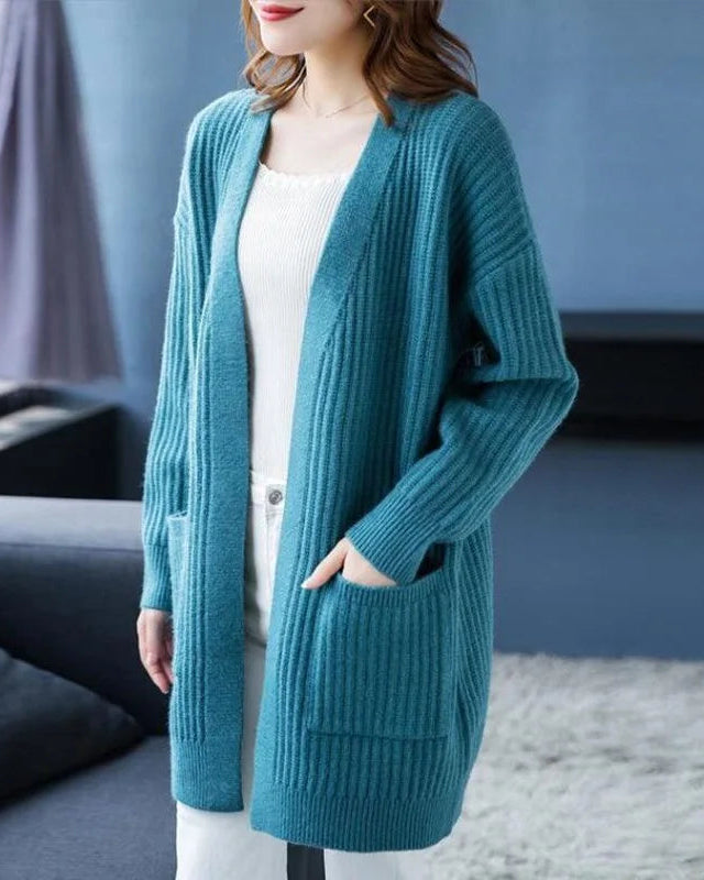 Solid V-Neck Open-Front Pocket Loose Knit Cardigan