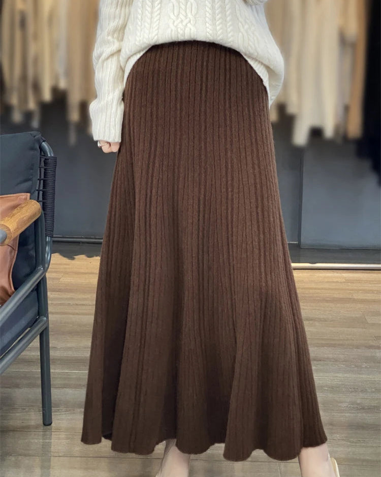 Merino Wool Pleated A-Line Maxi Skirt