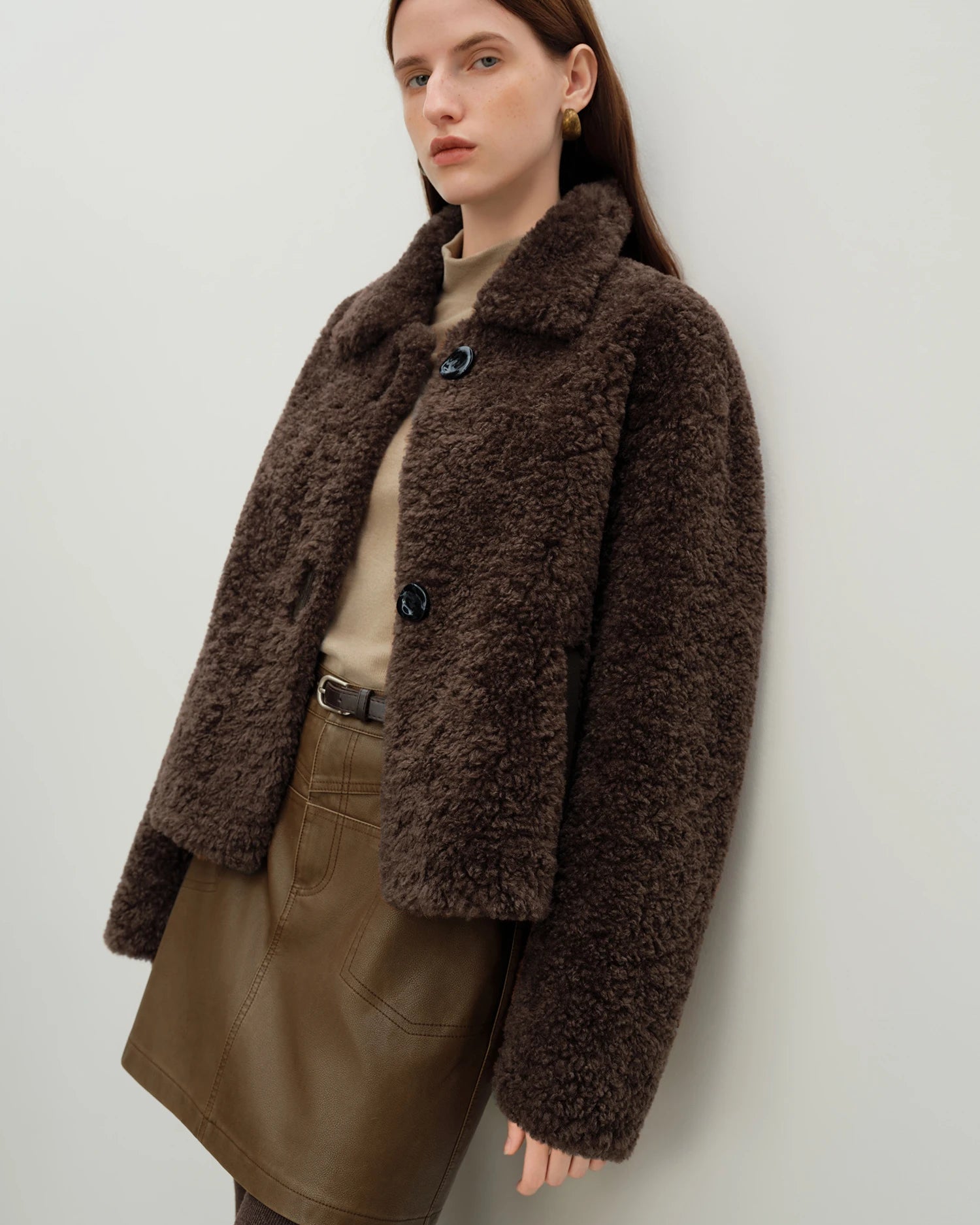 Faux Lambswool Solid Lapel Loose Cropped Coat