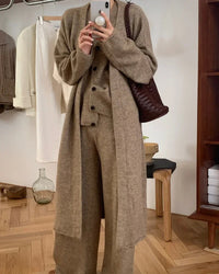 V-Neck Knit Coat + Vest + Wide-Leg Trouser 3-Piece Set