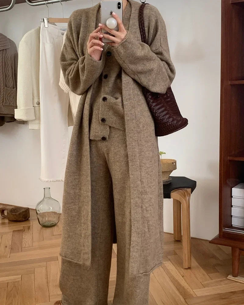 V-Neck Knit Coat + Vest + Wide-Leg Trouser 3-Piece Set