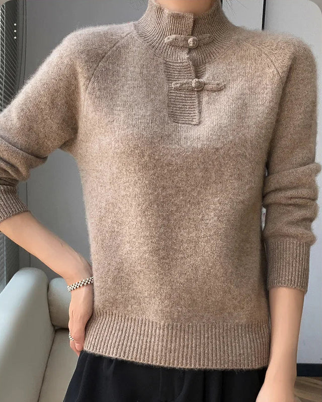Merino Wool Mock-Neck Chinese Buckle Pullover