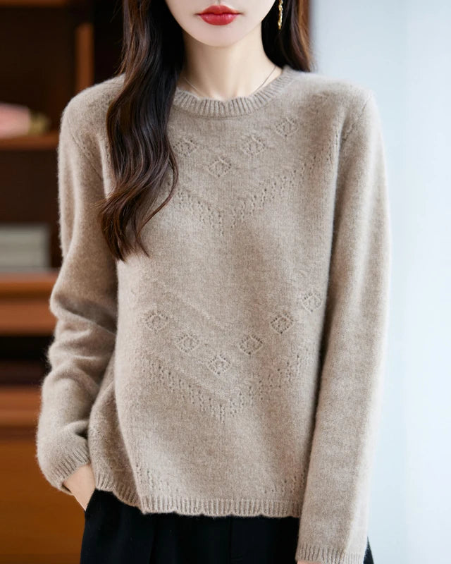 Pointelle Merino Wool Crewneck Sweater