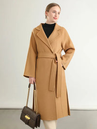 Notch Lapel Belted 100% Wool Long Coat