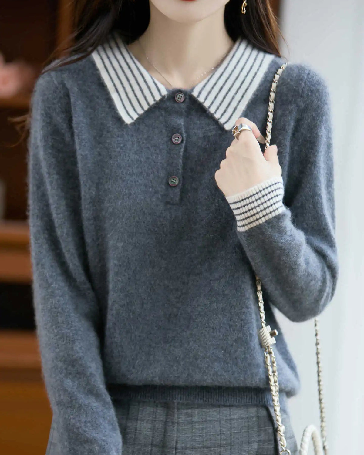 Striped-Collar Wool Polo Sweater