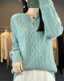 Mink Cashmere Argyle V-Neck Cable Knit Pullover