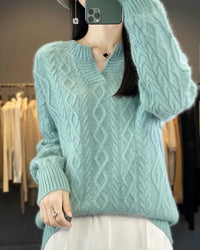 Mink Cashmere Argyle V-Neck Cable Knit Pullover
