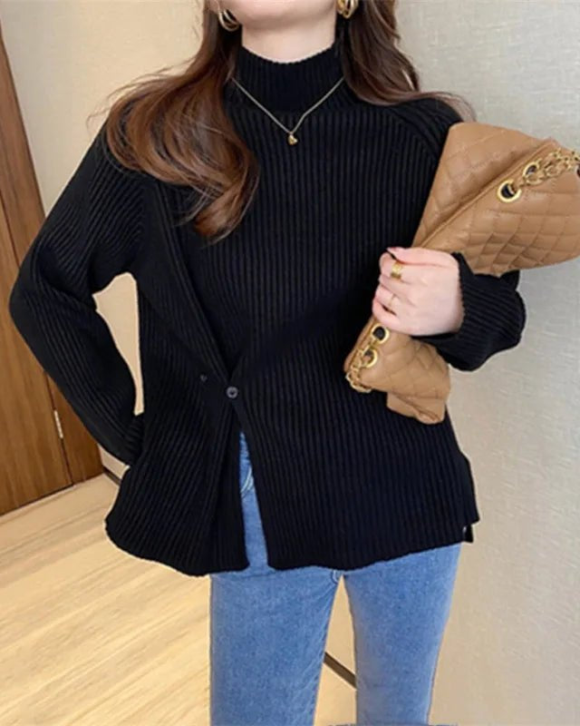 Mock Neck Ribbed Split Pullover