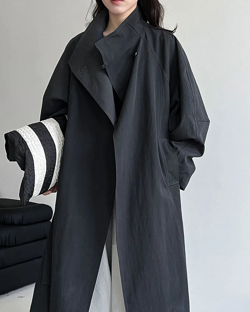 Minimalist Stand-Collar Belted Trench Coat