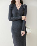 Wool V-Neck Button Mid-Length Slim Pullover Sweater Dress