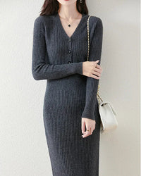 Wool V-Neck Button Mid-Length Slim Pullover Sweater Dress