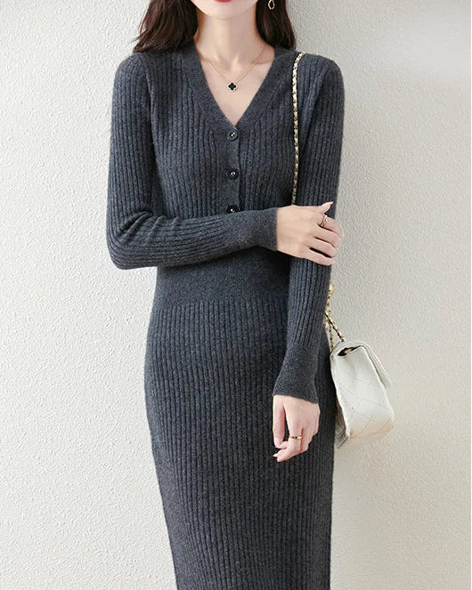 Wool V-Neck Button Mid-Length Slim Pullover Sweater Dress