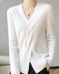 Wool V-Neck Crossover Pullover Sweater