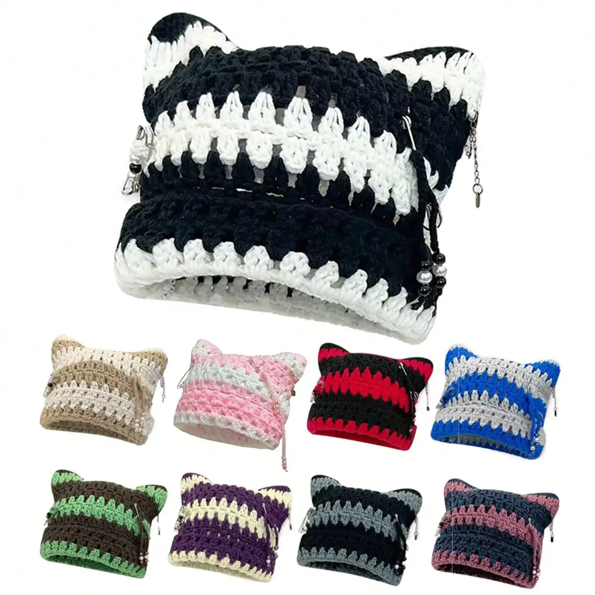 Striped Crochet Cat-Ear Beanie