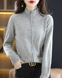 Merino Wool Solid Half-High Collar Zip Loose Knit Cardigan