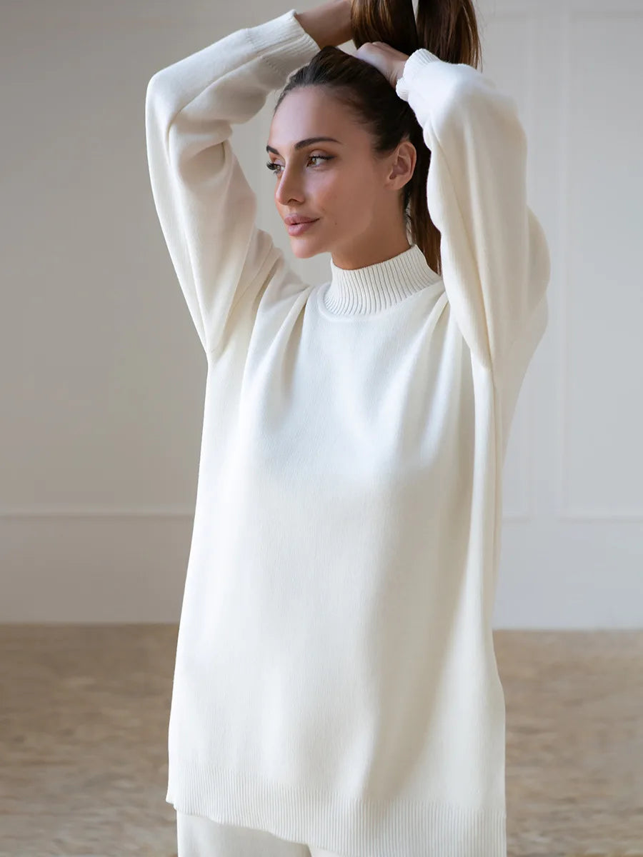 Half Turtleneck Sweater & Wide Leg Pants Knitted Set