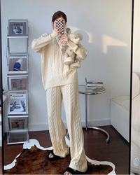 Cable Knit Pullover & High Waist Wide Leg Trousers Two-Piece Set