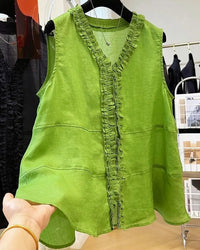 Ruffle Trim V-Neck Woven Blouse