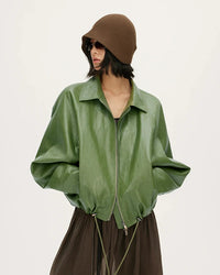 Loose-Fit Zip-Up PU Leather Short Jacket