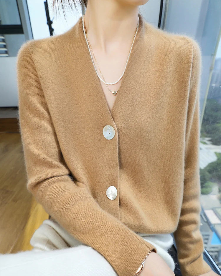 Cashmere Wool Blend Solid V-Neck Button Knit Cardigan