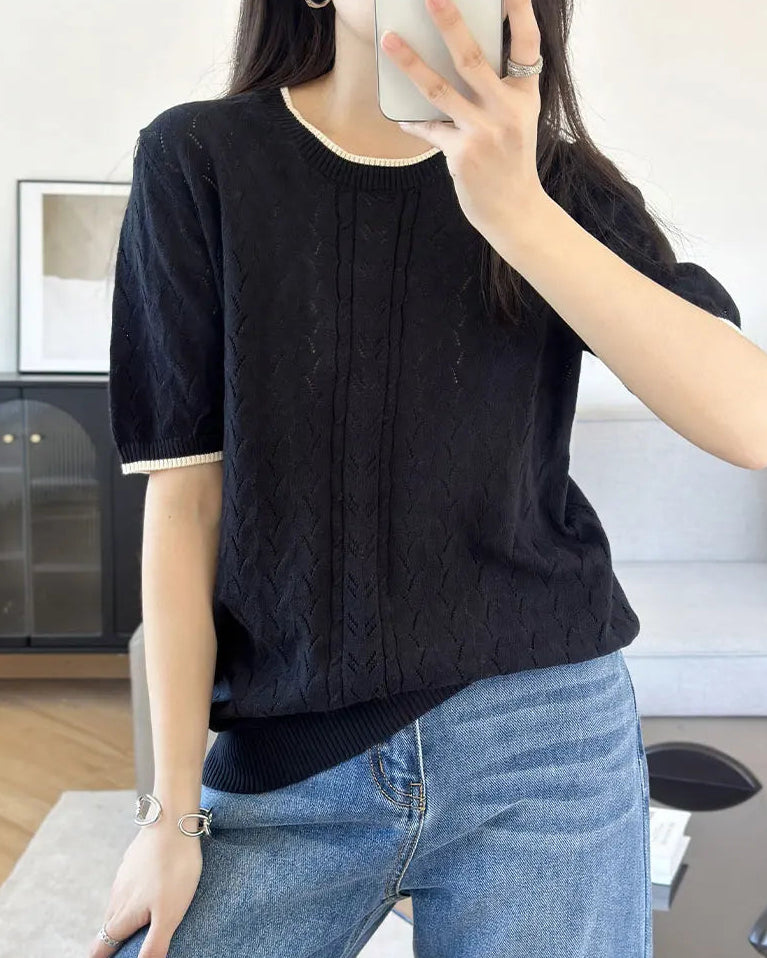 Pure Cotton Herringbone Knit Short-Sleeve T-Shirt