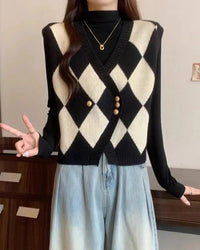 Argyle Knit Open Front Sweater Vest