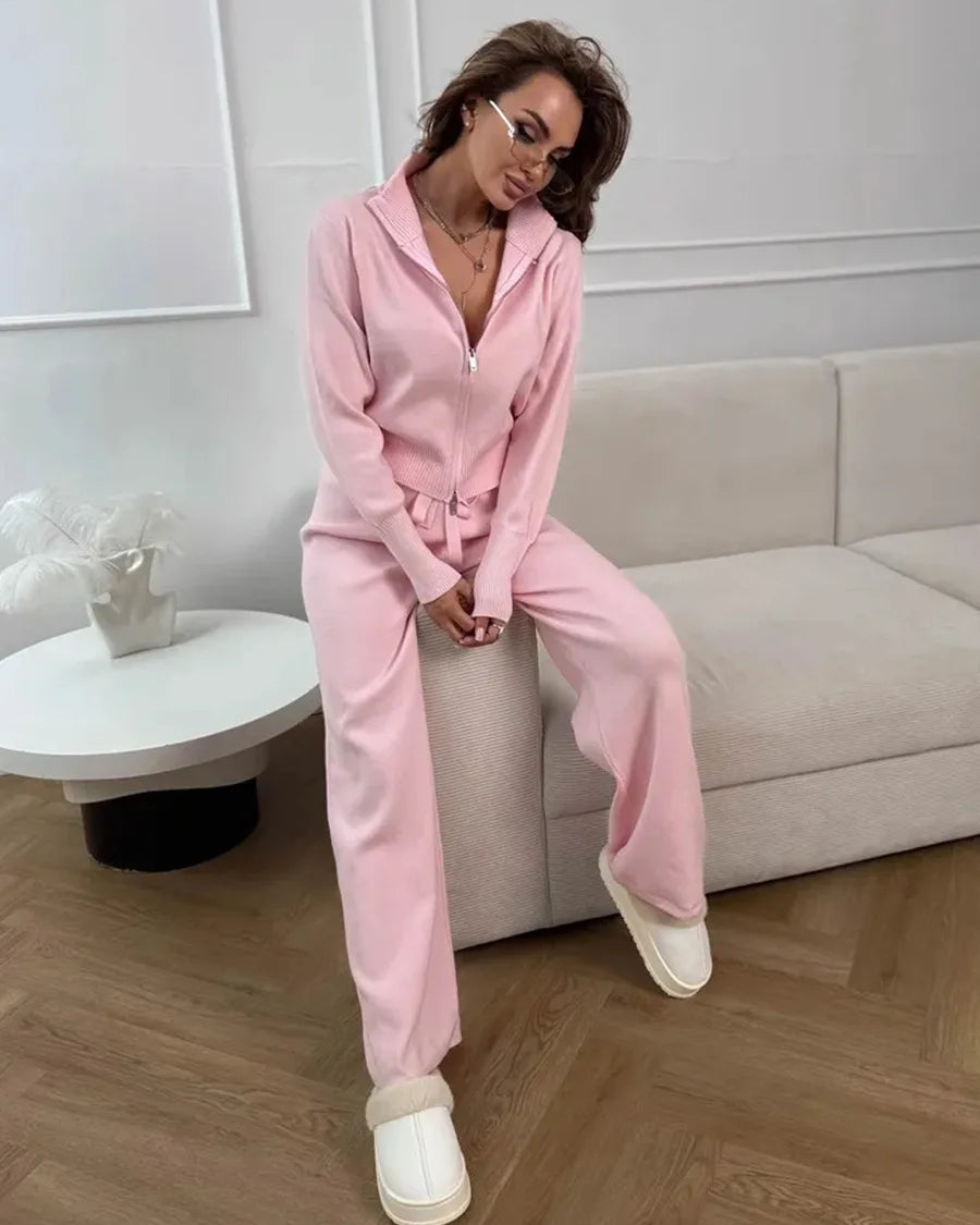 Zip-Up Cropped Knit Cardigan & Drawstring Wide-Leg Trousers Set