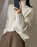 Pure Cashmere Plaid Turtleneck Loose Thick Knit Pullover
