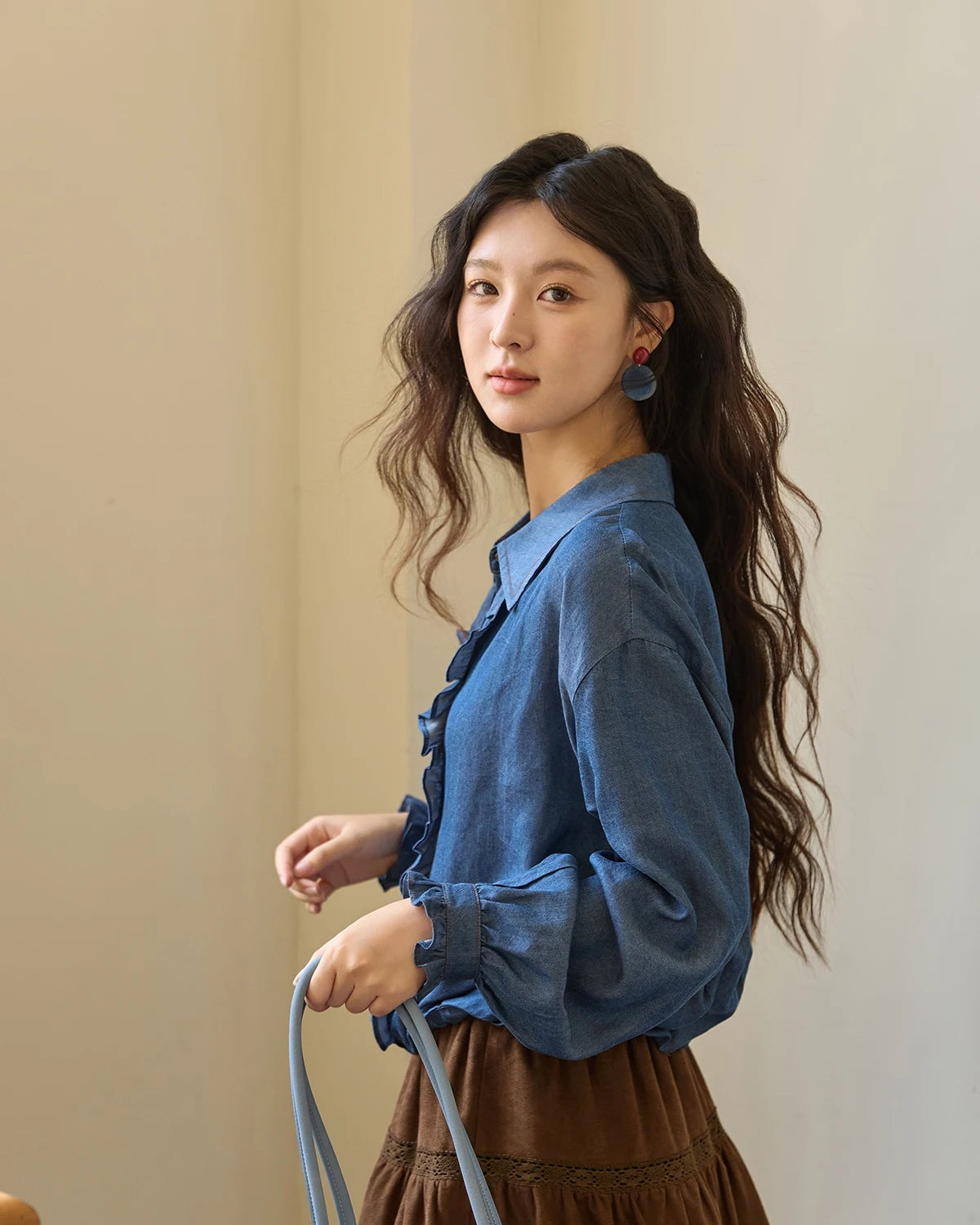 Ruffled Placket Denim Shirt