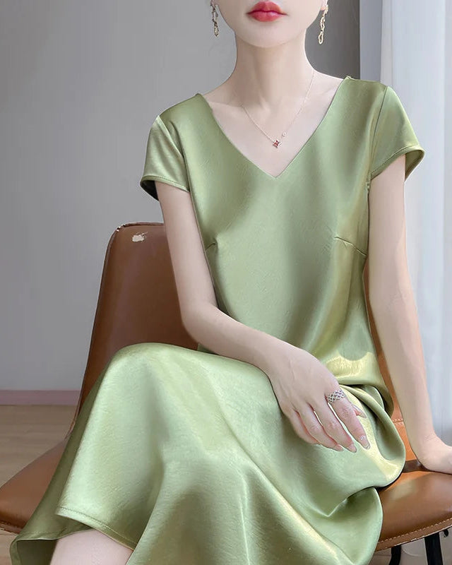 Satin V-Neck Midi Slip Dress