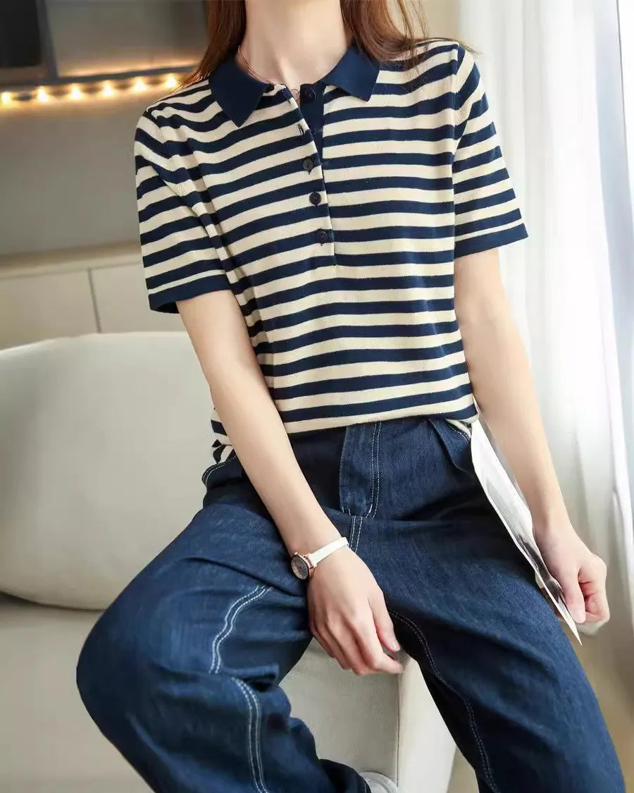 Cotton Striped Short-Sleeve Polo T-Shirt