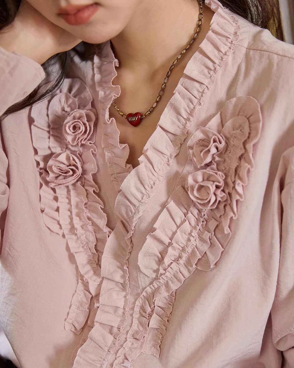 Hand-Sewn Rose Lantern-Sleeve Shirt