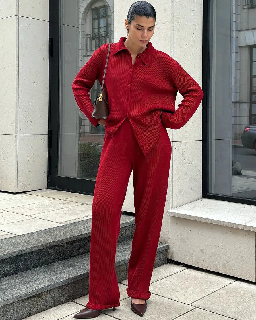 Loose Knit Cardigan & Elastic Waist Trousers Set
