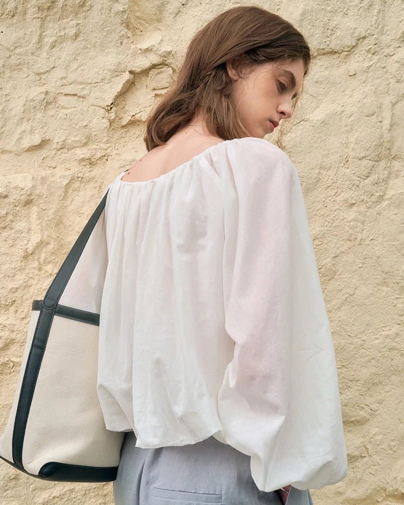 Simple Round-Neck Blouse With Puff Sleeves