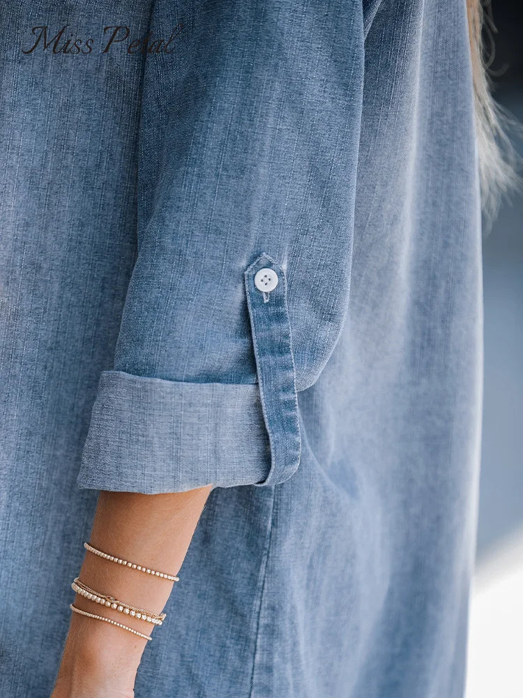 Denim V-Neck Long Sleeve Shift Mini Dress