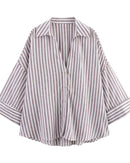Casual Rolled-Up Wide-Sleeve Striped Shirt