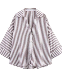 Casual Rolled-Up Wide-Sleeve Striped Shirt